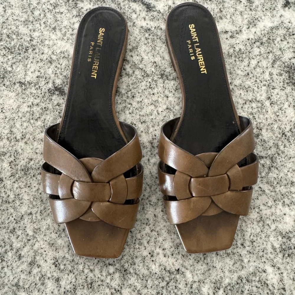 Saint Laurent “Tribute” leather olive green sandals 38 - Picture 2 of 7